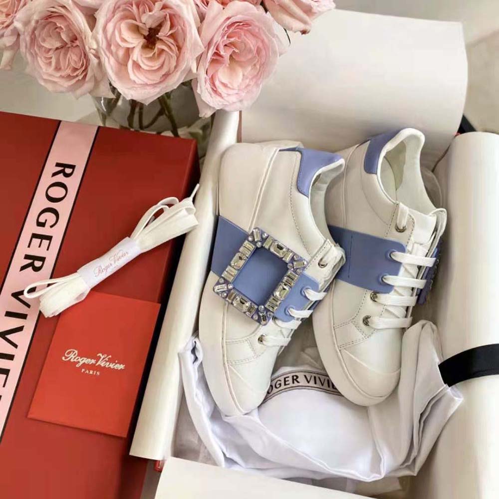 Close-up on strass buckle detail of Roger Vivier Women Viv Skate Strass Buckle Sneakers
