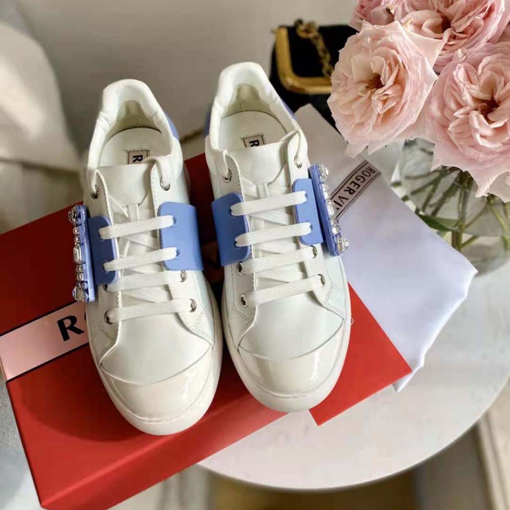 Top-down view of Roger Vivier Women Viv Skate Strass Buckle Sneakers showing laces and silhouette