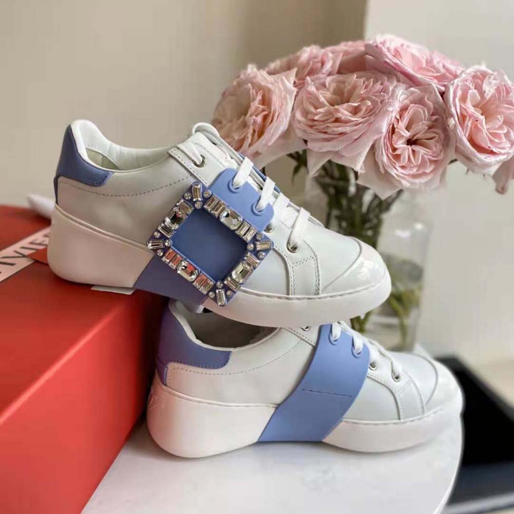 Roger Vivier Women Viv Skate Strass Buckle Sneakers in Soft Leather-Blue - image 4