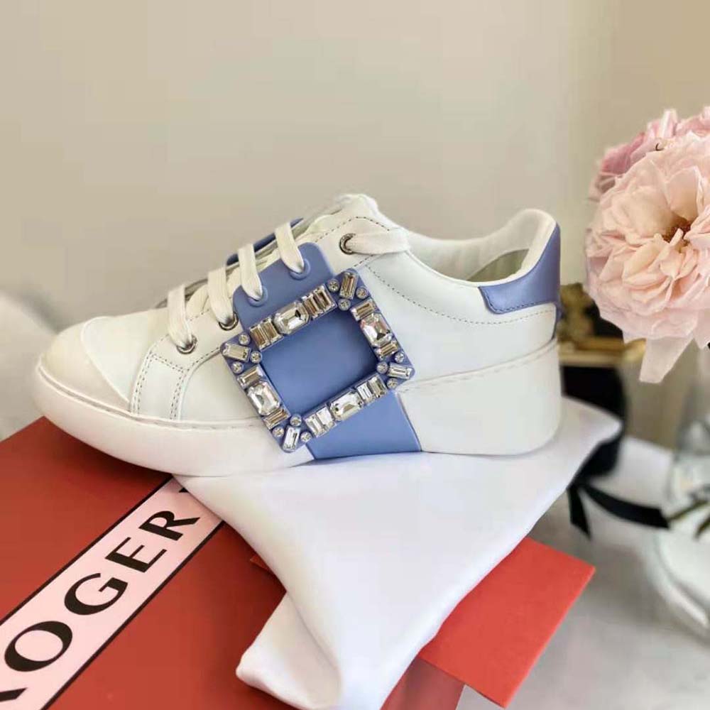 Roger Vivier Women Viv Skate Strass Buckle Sneakers in Soft Leather-Blue - image 6