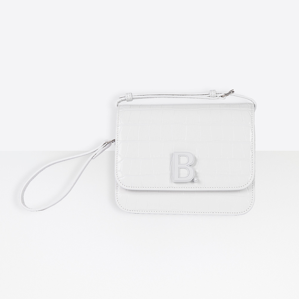 Front view of Balenciaga Women B. Small Bag in white shiny crocodile leather