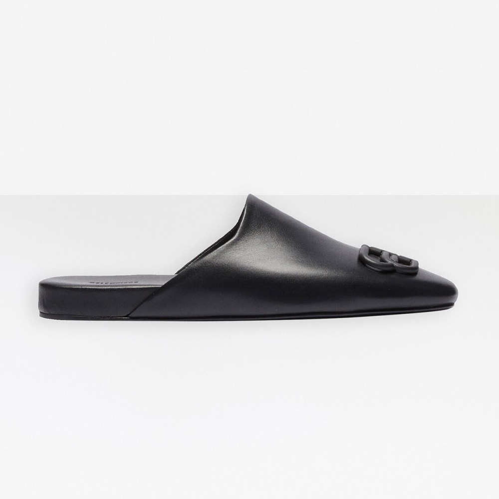Front angle of Balenciaga Women Cosy BB Slide in black smooth calfskin
