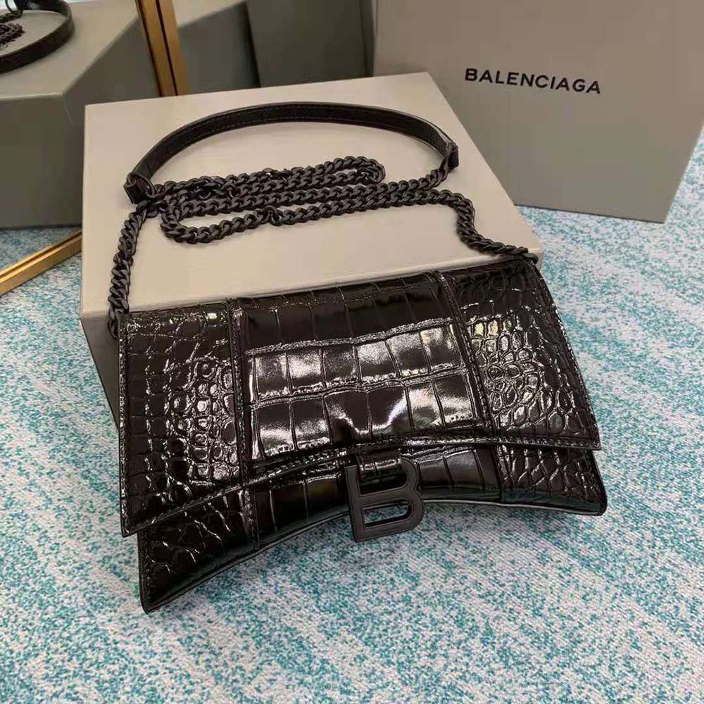 Close-up detail of embossed leather and gunmetal hardware on Balenciaga Hourglass Chain Bag