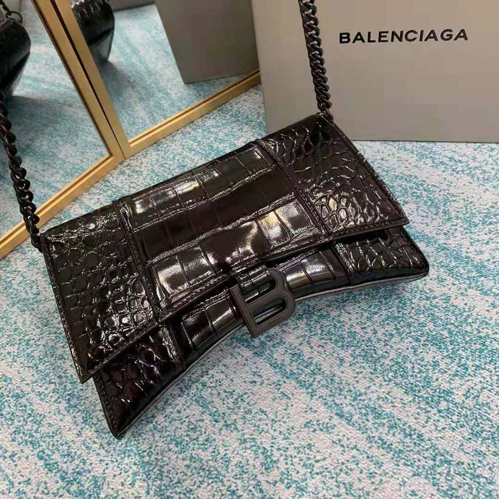 Balenciaga Women Hourglass Chain Bag in Black Shiny Crocodile Embossed Leather - image 4