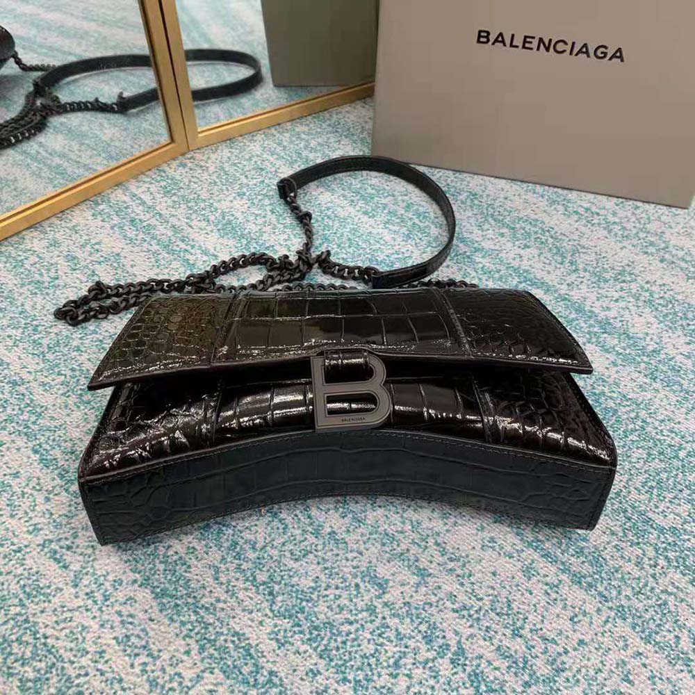 Balenciaga Women Hourglass Chain Bag in Black Shiny Crocodile Embossed Leather - image 6