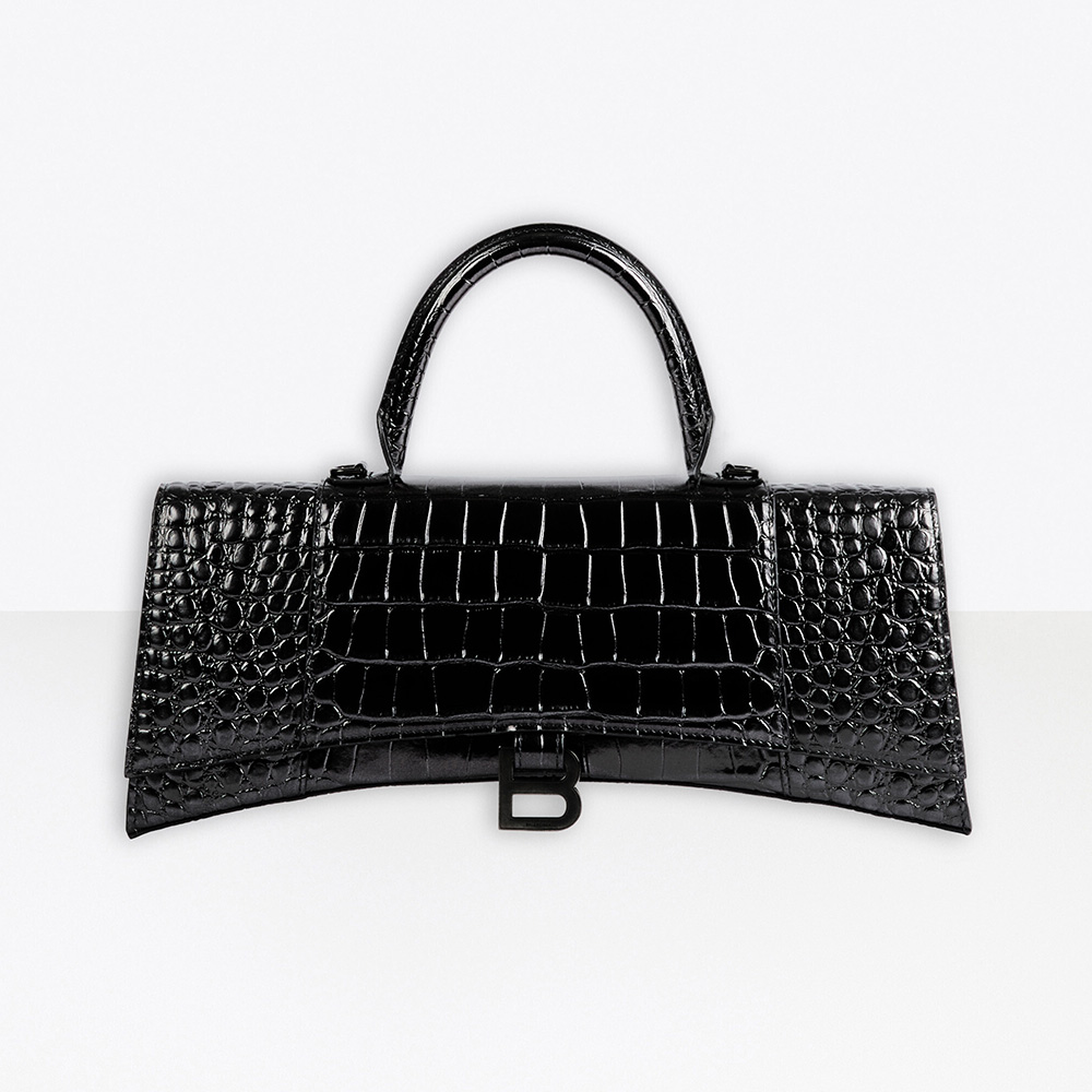 Front view of Balenciaga Women Hourglass Stretched Top Handle Bag in black shiny crocodile calfskin