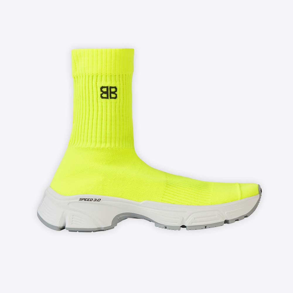 Side profile of Balenciaga Women Speed 3.0 Sneaker in Neon Yellow Recycled Knit