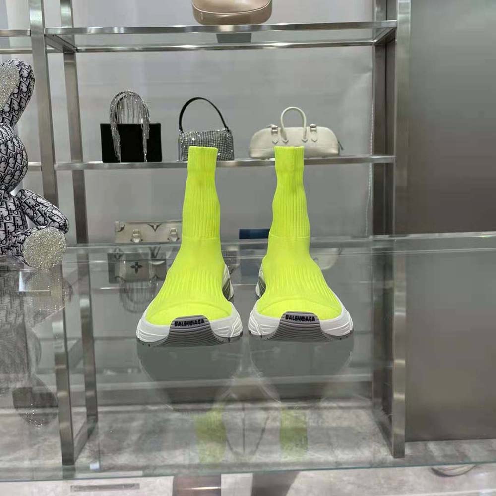 Close-up of neon yellow recycled knit upper on Balenciaga Speed 3.0 Sneaker