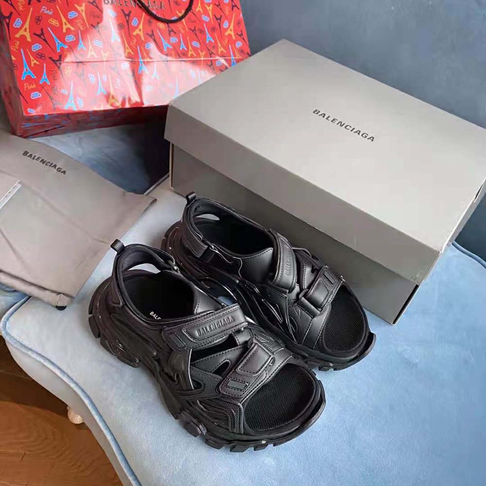 Close-up of black neoprene upper and rubber sole on Balenciaga Track Sandal