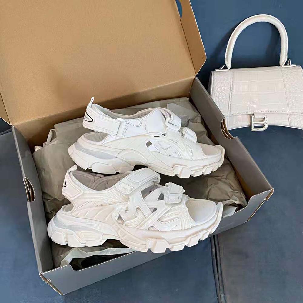 Top-down angle showing white neoprene texture on Balenciaga Track Sandal