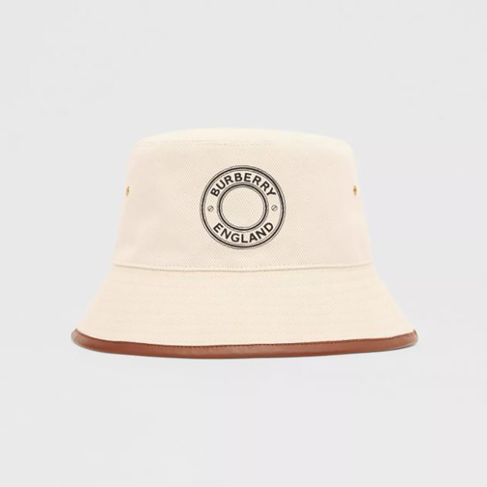 Front view of Burberry Women Leather Trim Logo Graphic Canvas Bucket Hat