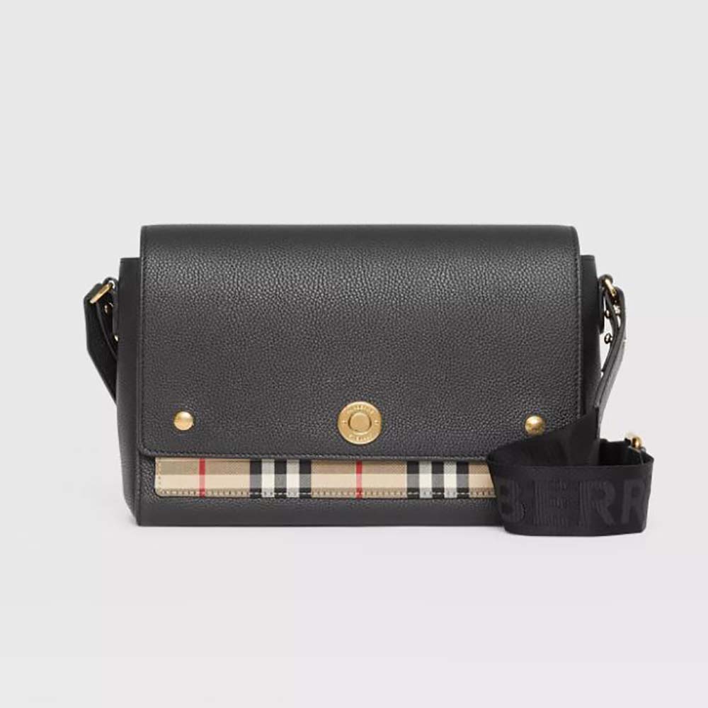 Front view of Burberry Women Leather and Vintage Check Note Crossbody Bag-Black