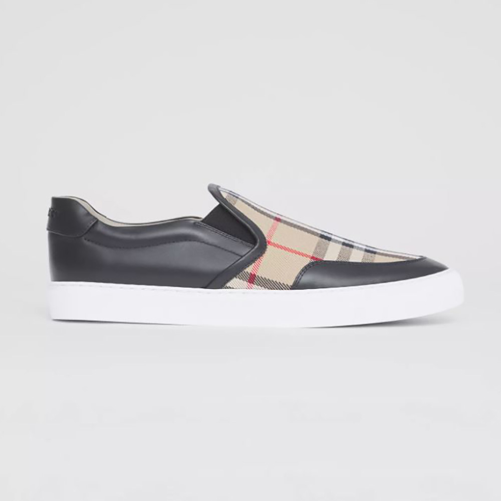 Front angle of Burberry Women Leather and Vintage Check Slip-on Sneakers-Black