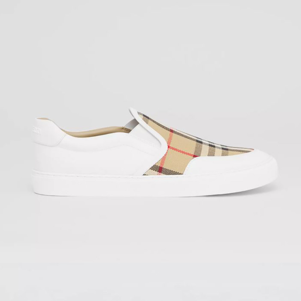 Front angle of Burberry Women Leather and Vintage Check Slip-on Sneakers-White