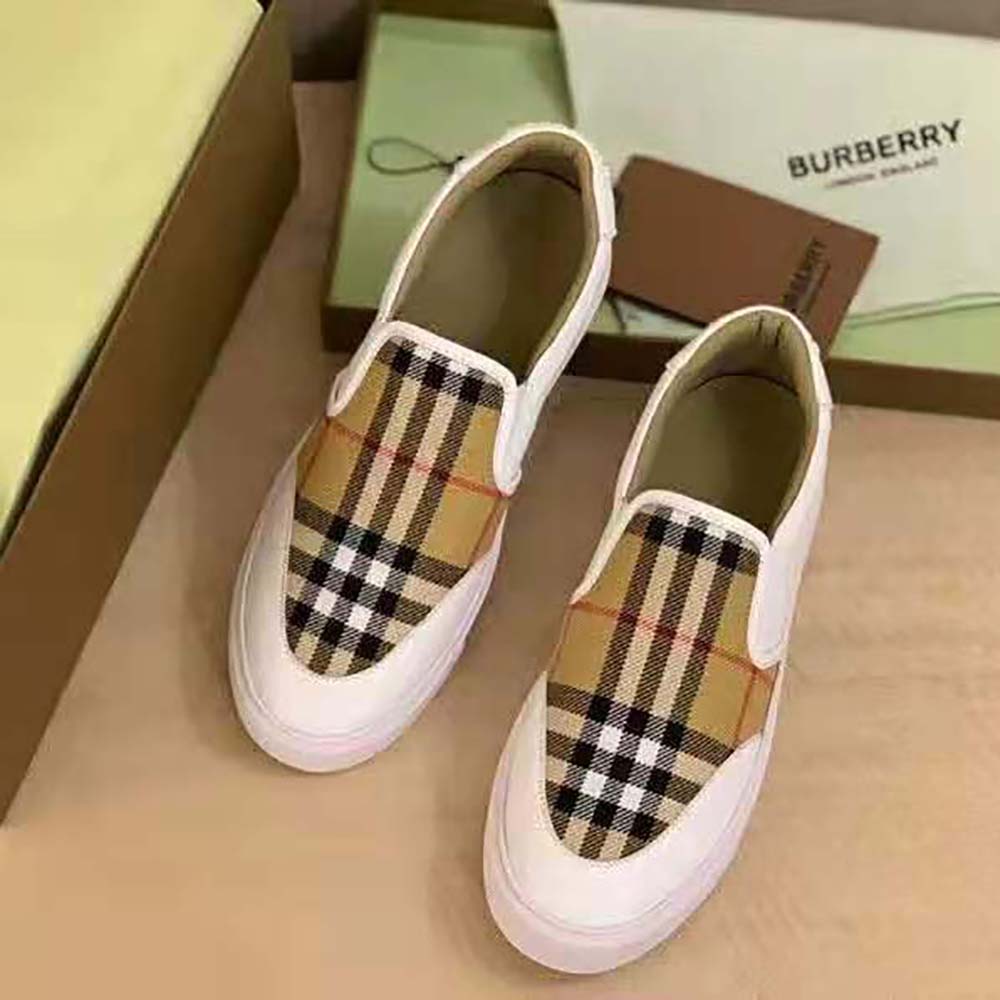 Side profile of Burberry Women Leather and Vintage Check Slip-on Sneakers-White
