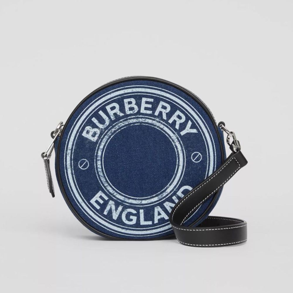 Front view of Burberry Women Logo Graphic Denim and Leather Louise Bag in blue