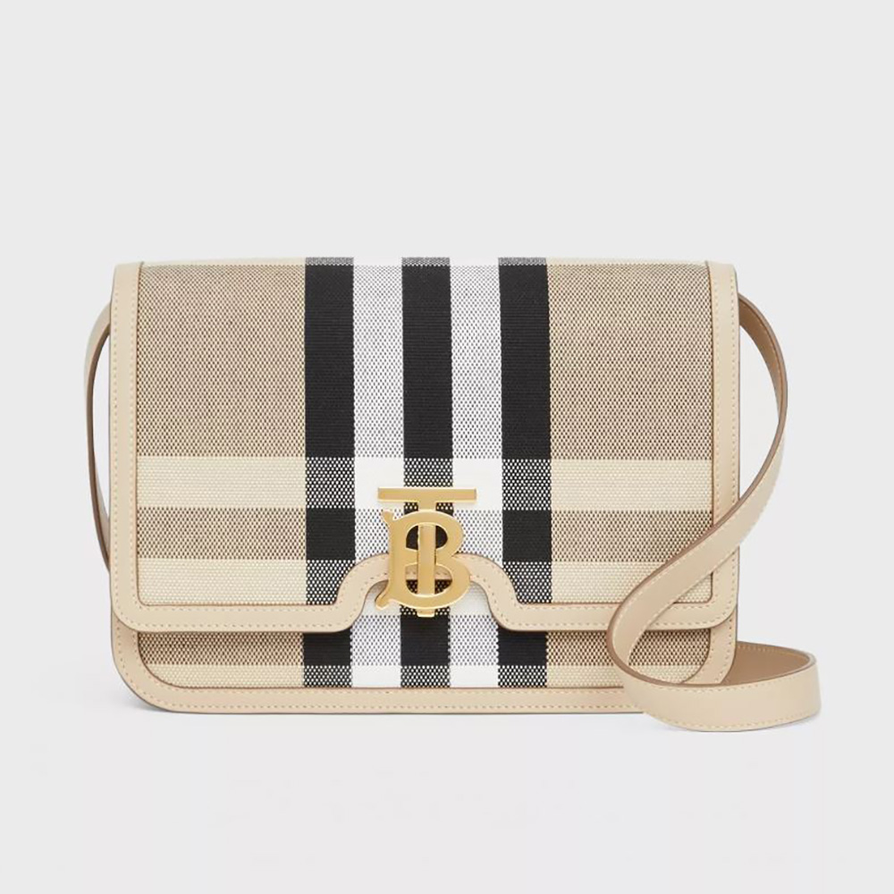 Front view of Burberry Women Medium Check Canvas and Leather TB Bag-Beige