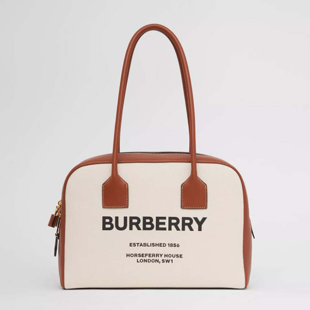 Front view of Burberry Women Medium Horseferry Print Cotton Canvas Half Cube Bag-Brown
