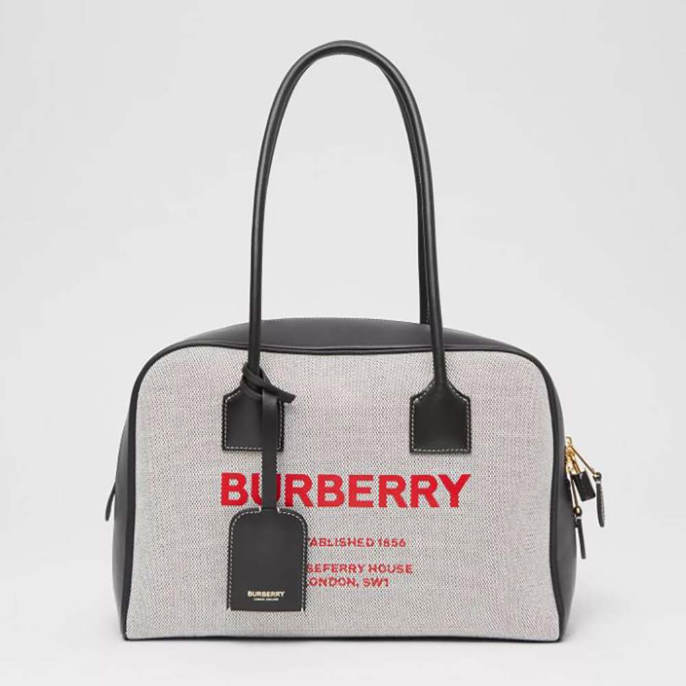 Front view of Burberry Women Medium Horseferry Print Cotton Canvas Half Cube Bag-Black