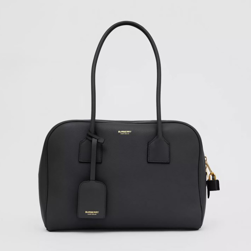Front angle of Burberry Women Medium Leather Half Cube Bag-Black