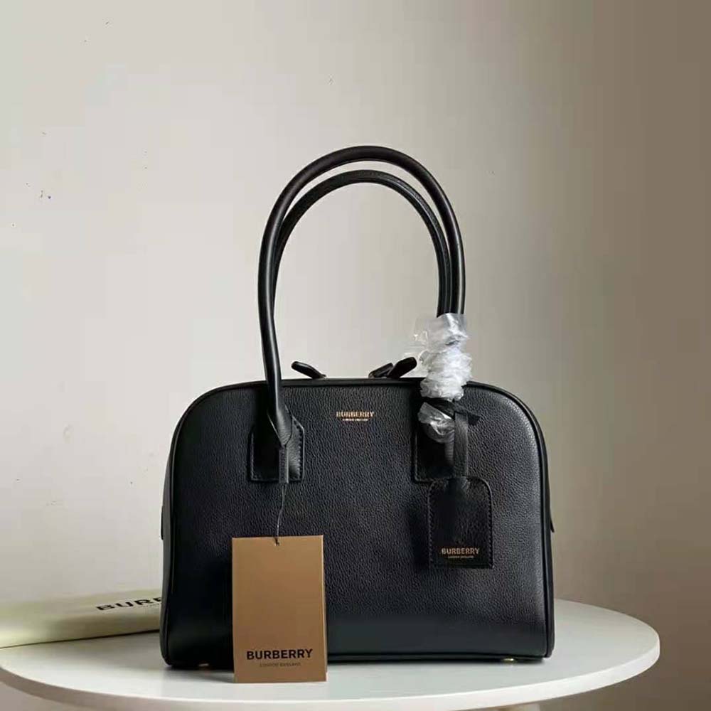 Close-up of silver-tone hardware on Burberry Women Medium Leather Half Cube Bag-Black