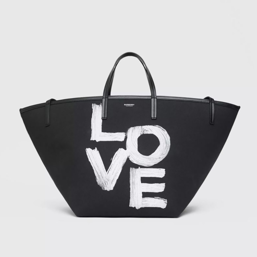 Front view of Burberry Women Medium Love Print Cotton Beach Tote-Black