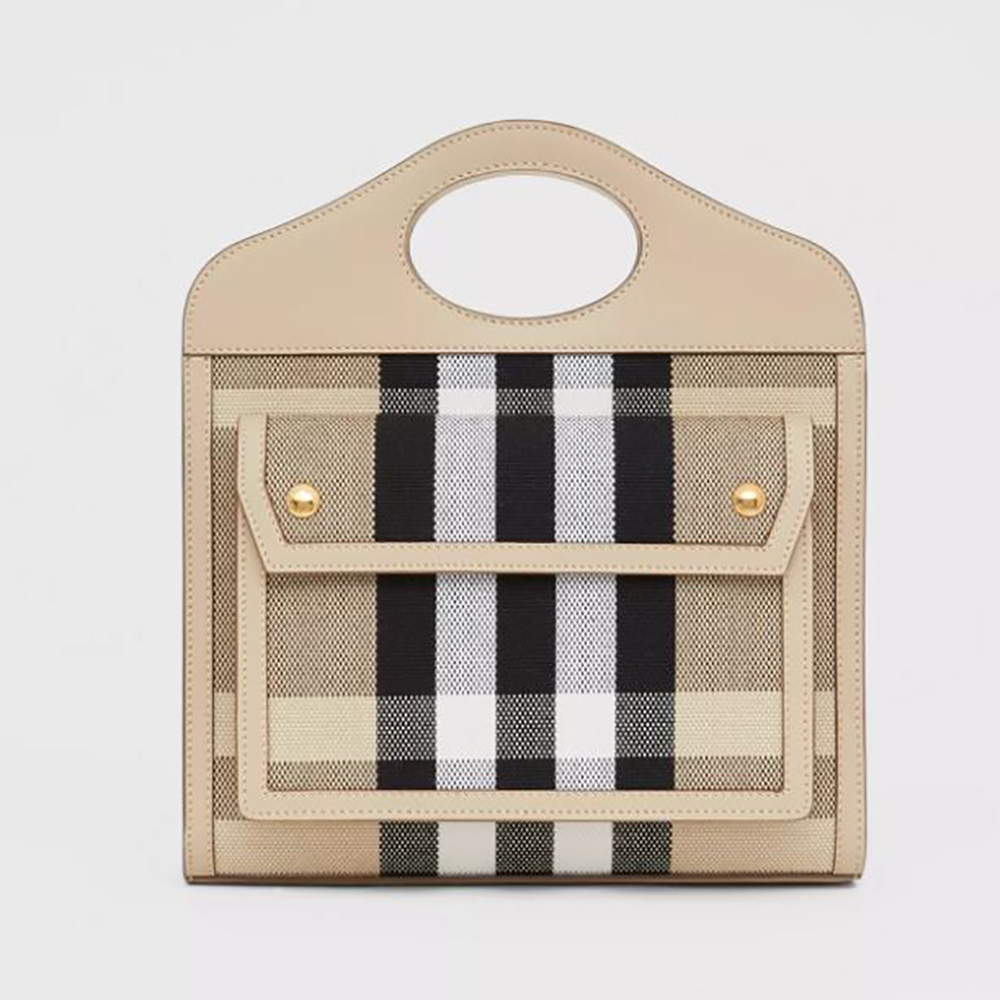 Front view of Burberry Women Mini Check Canvas and Leather Pocket Bag