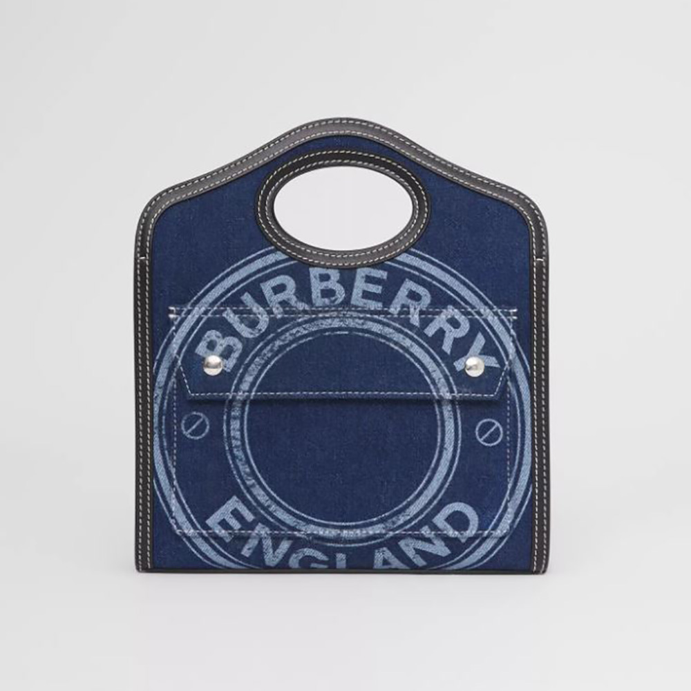 Front view of Burberry Women Mini Logo Graphic Denim and Leather Pocket Bag