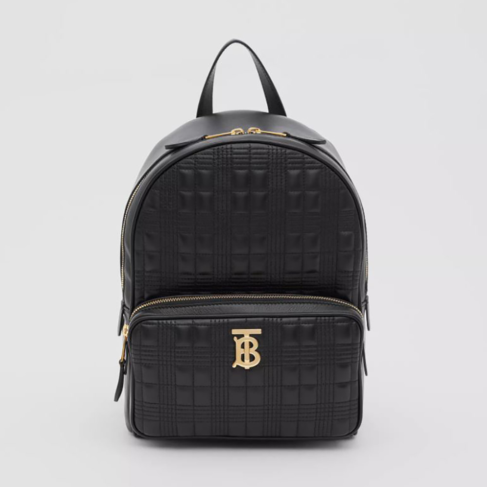 Front view of Burberry Women Quilted Check Lambskin Backpack-Black