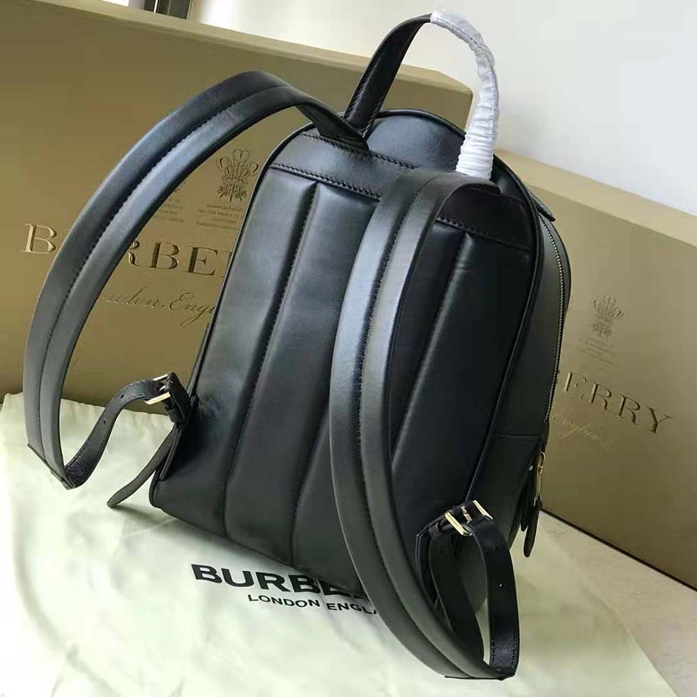 Side angle showing silver hardware on Burberry Women Quilted Check Lambskin Backpack-Black