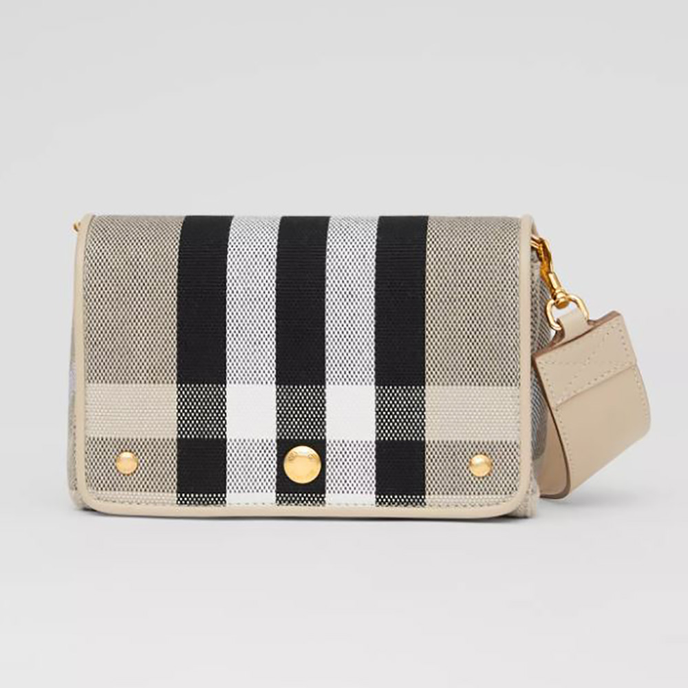 Front view of Burberry Women Small Check Canvas Crossbody Bag in beige