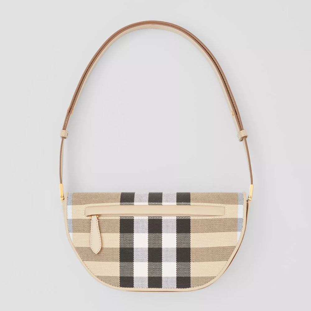 Front angle of Burberry Women Small Check Canvas and Leather Olympia Bag