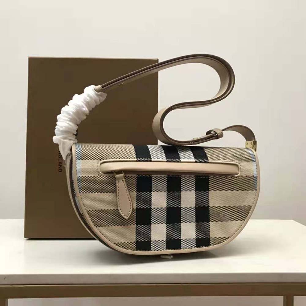 Close-up of gold hardware and beige leather on Burberry Olympia Bag
