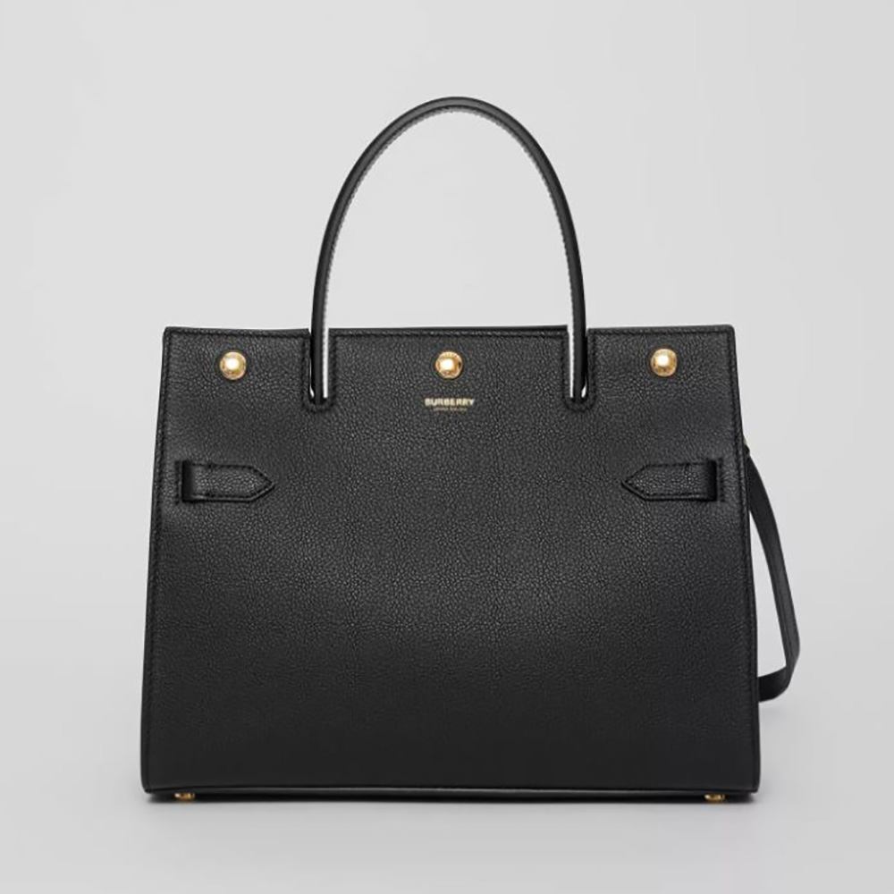 Front view of Burberry Women Small Leather Title Bag-Black with flap closed