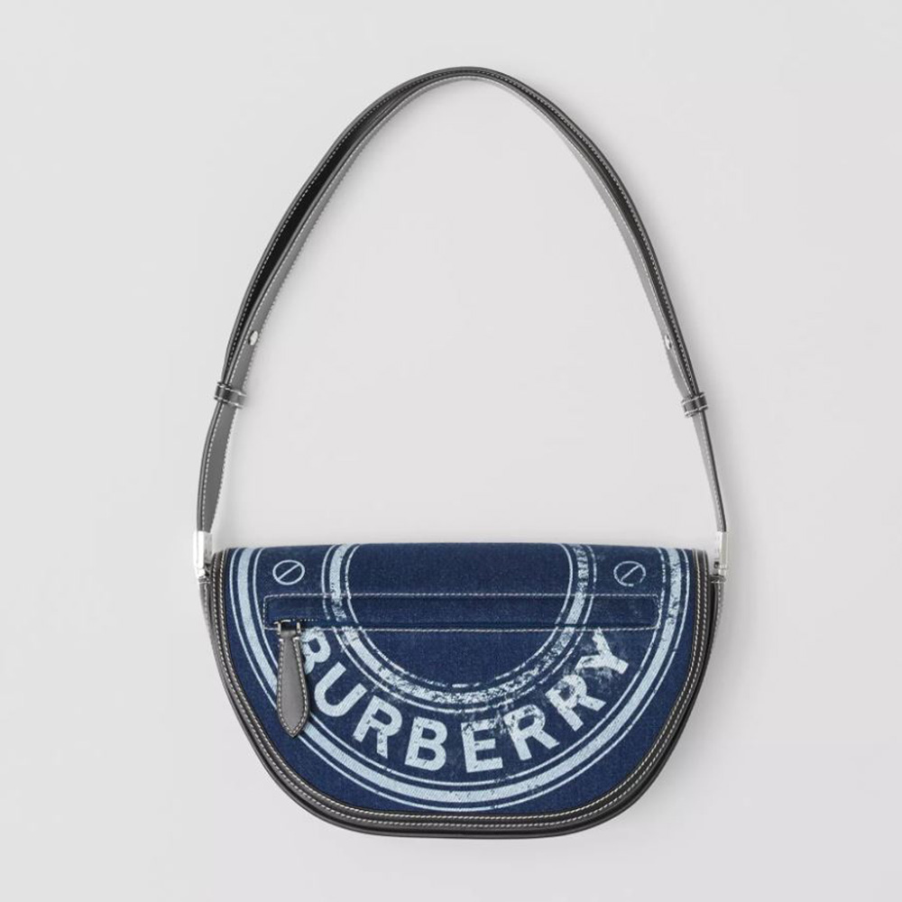 Front view of Burberry Women Small Logo Graphic Denim and Leather Olympia Bag