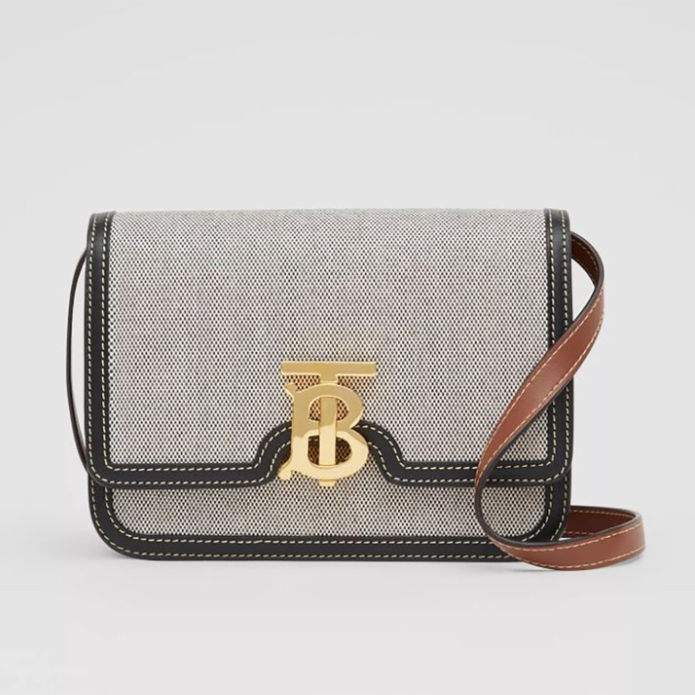 Front view of Burberry Women Small Tri-tone Canvas and Leather TB Bag-Black