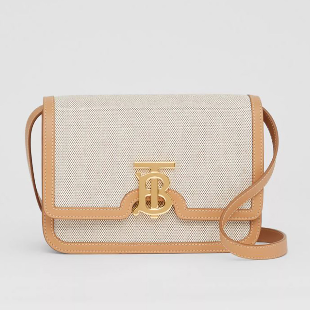 Front view of Burberry Women Small Two-tone Canvas and Leather TB Bag-Yellow
