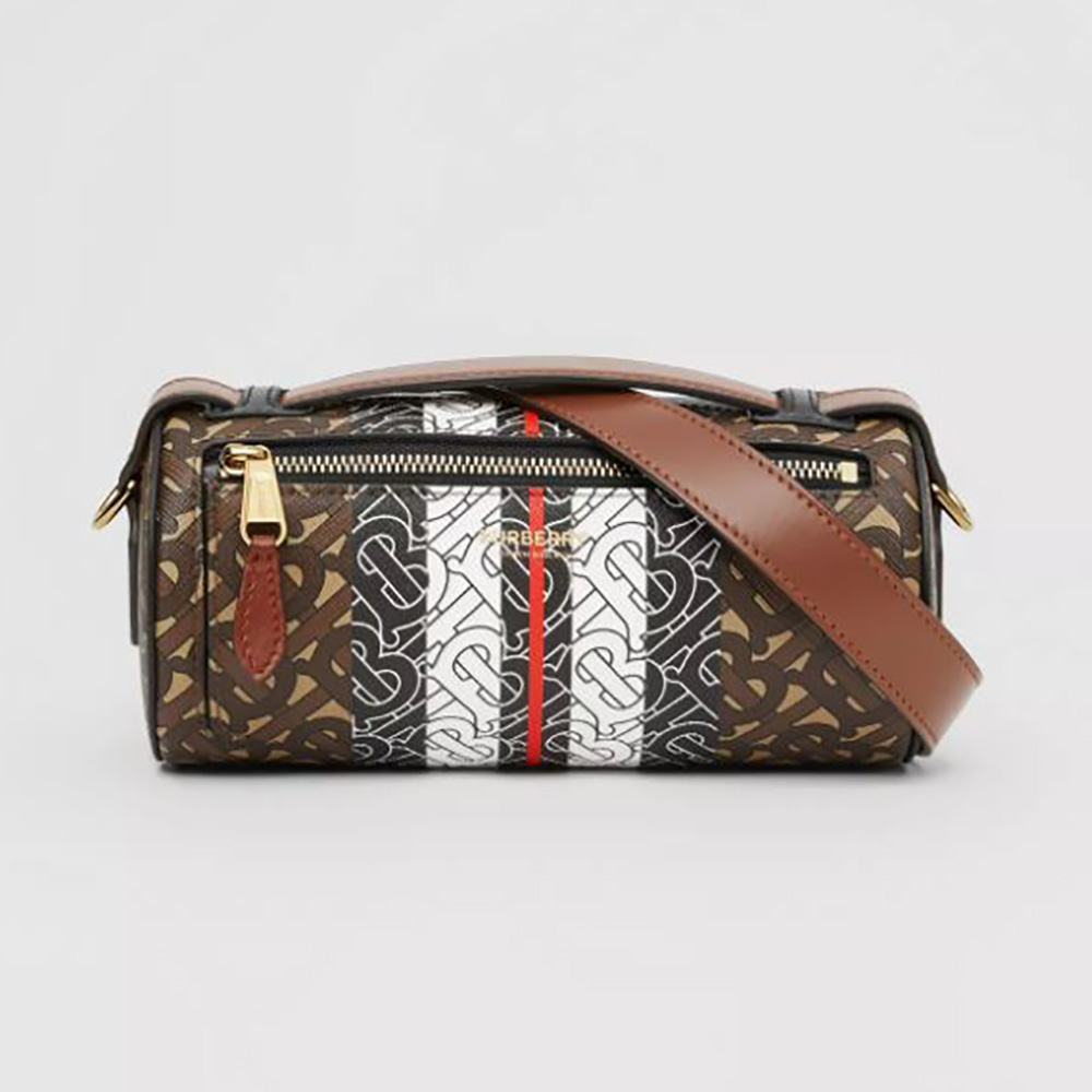 Front view of Burberry Women The Monogram Stripe E-canvas and Leather Barrel Bag