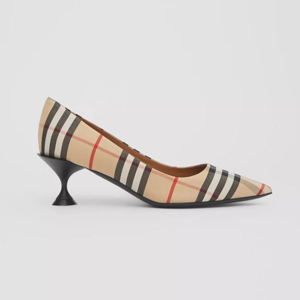 Side profile of Burberry Women Vintage Check Cotton Pumps-Brown showing vintage check