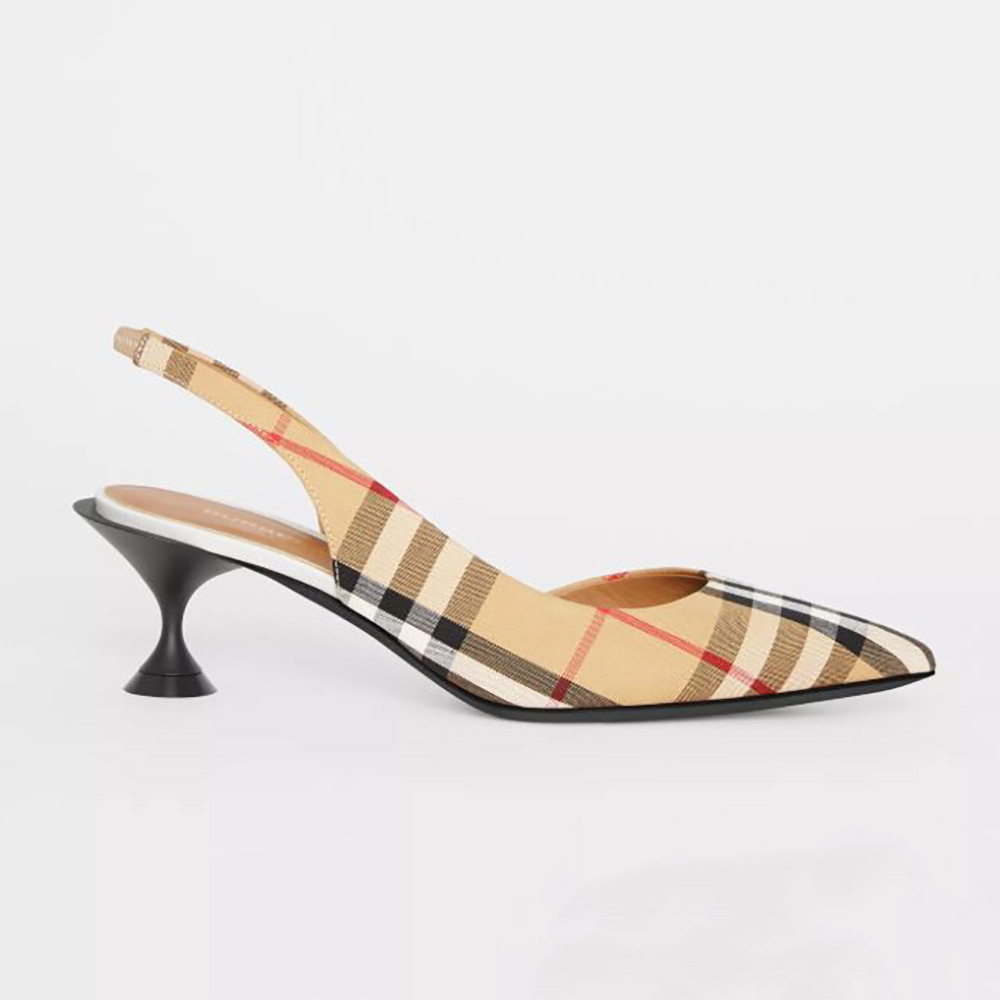 Front angle of Burberry Women Vintage Check Slingback Pumps in brown