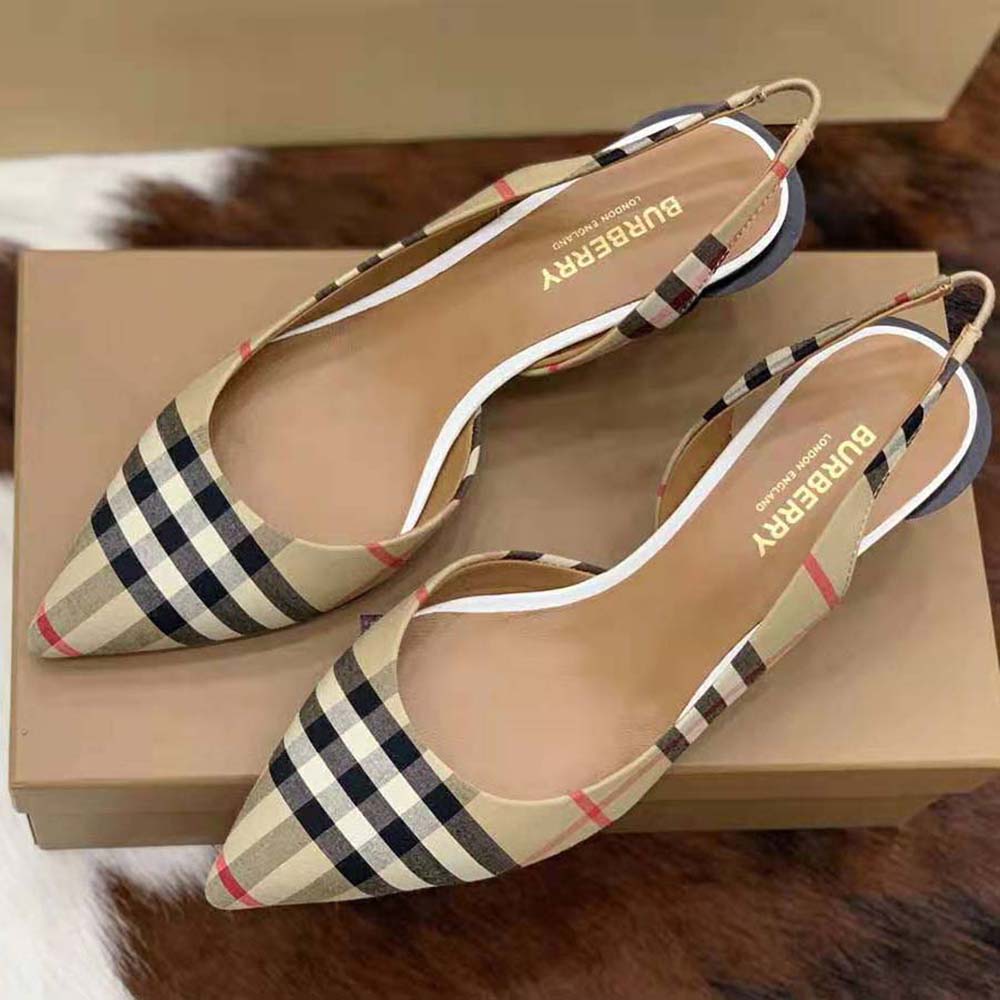 Side profile showcasing heel height of Burberry Women Vintage Check Slingback Pumps