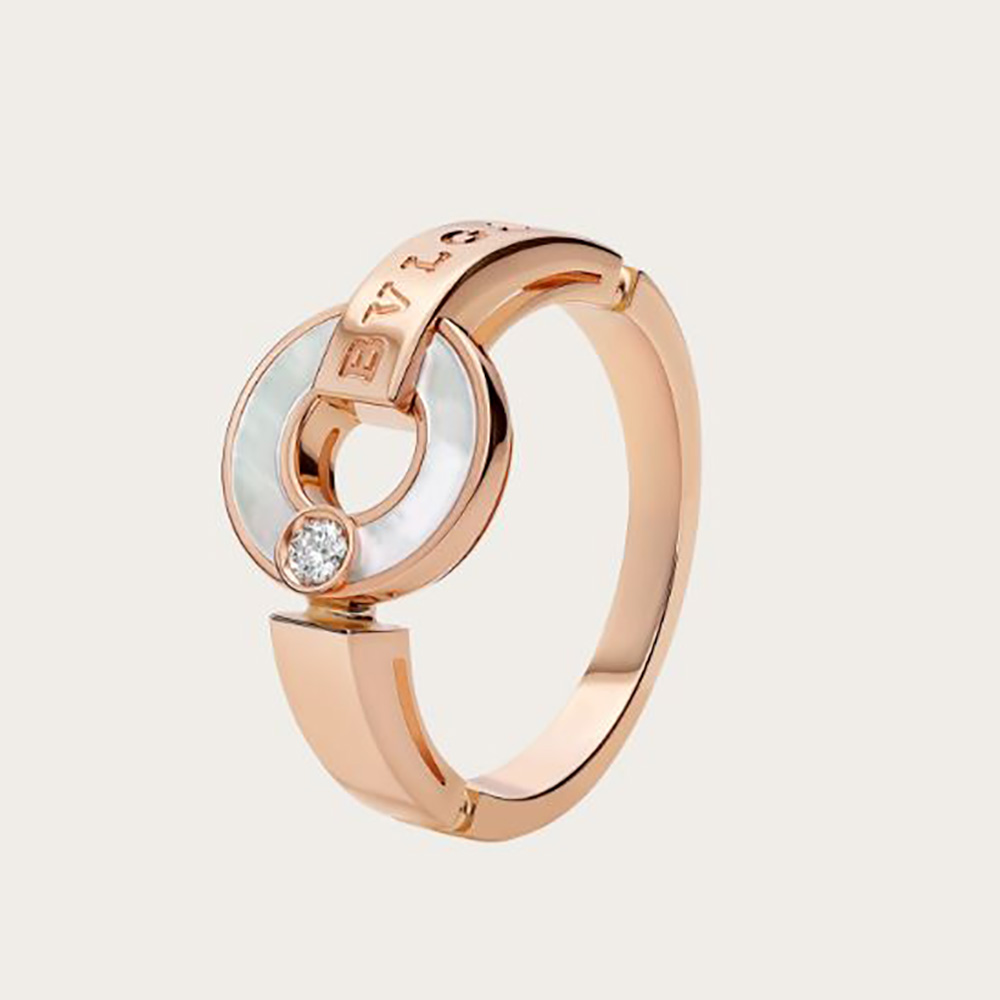 Close-up of Bvlgari Women Openwork 18 KT Rose Gold Ring front view