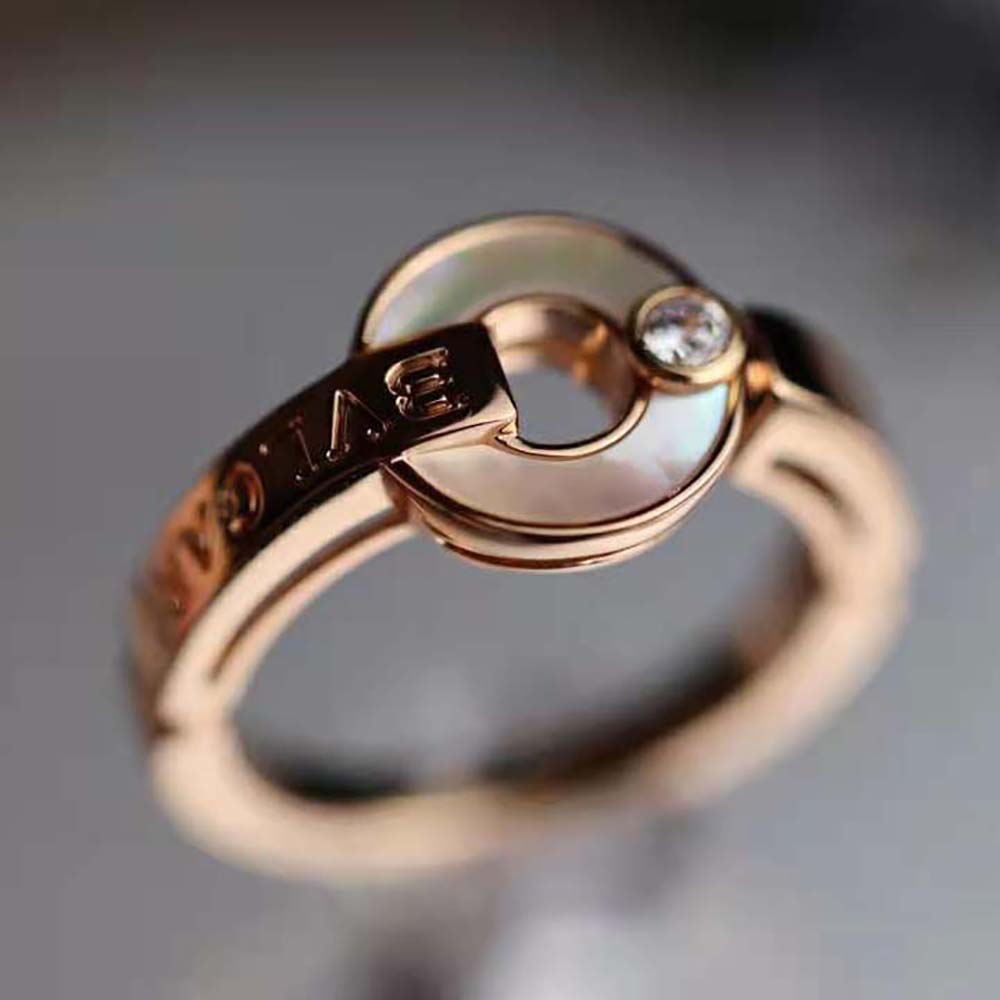 Side angle showing intricate openwork detail on Bvlgari rose gold ring