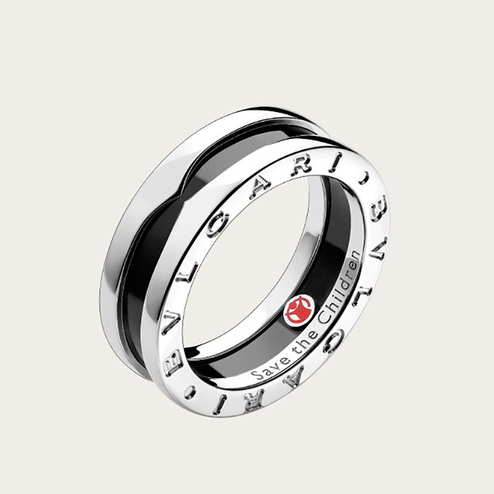 Front view of Bvlgari Women Save the Children One-band Sterling Silver Ring with Black Ceramic