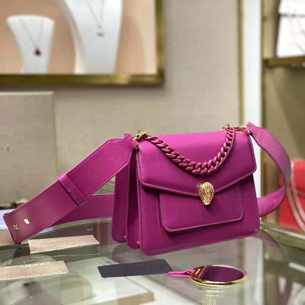 Side angle showing adjustable strap on Bvlgari Serpenti Forever crossbody bag