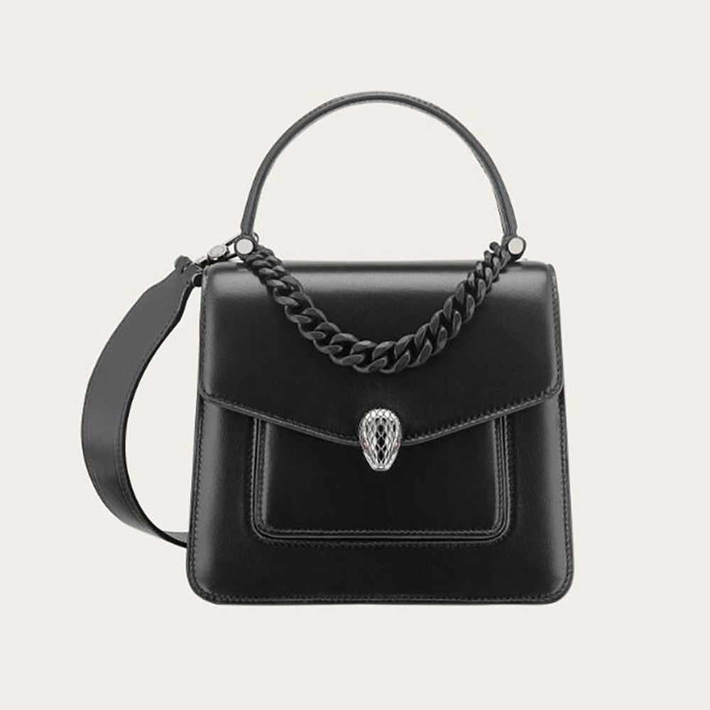 Front angle of Bvlgari Women Serpenti Forever Top Handle Bag in Nappa Leather-Black