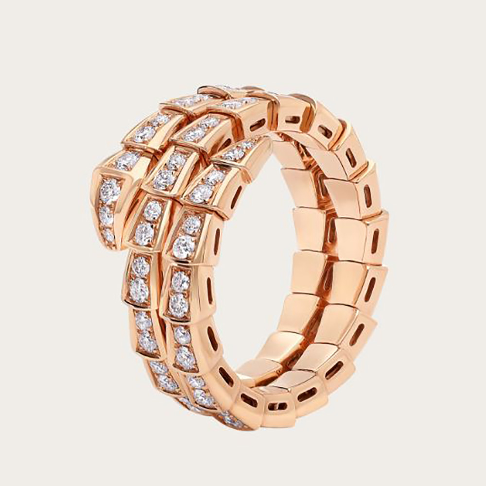 Close-up of Bvlgari Women Serpenti Viper ring showing rose gold coils