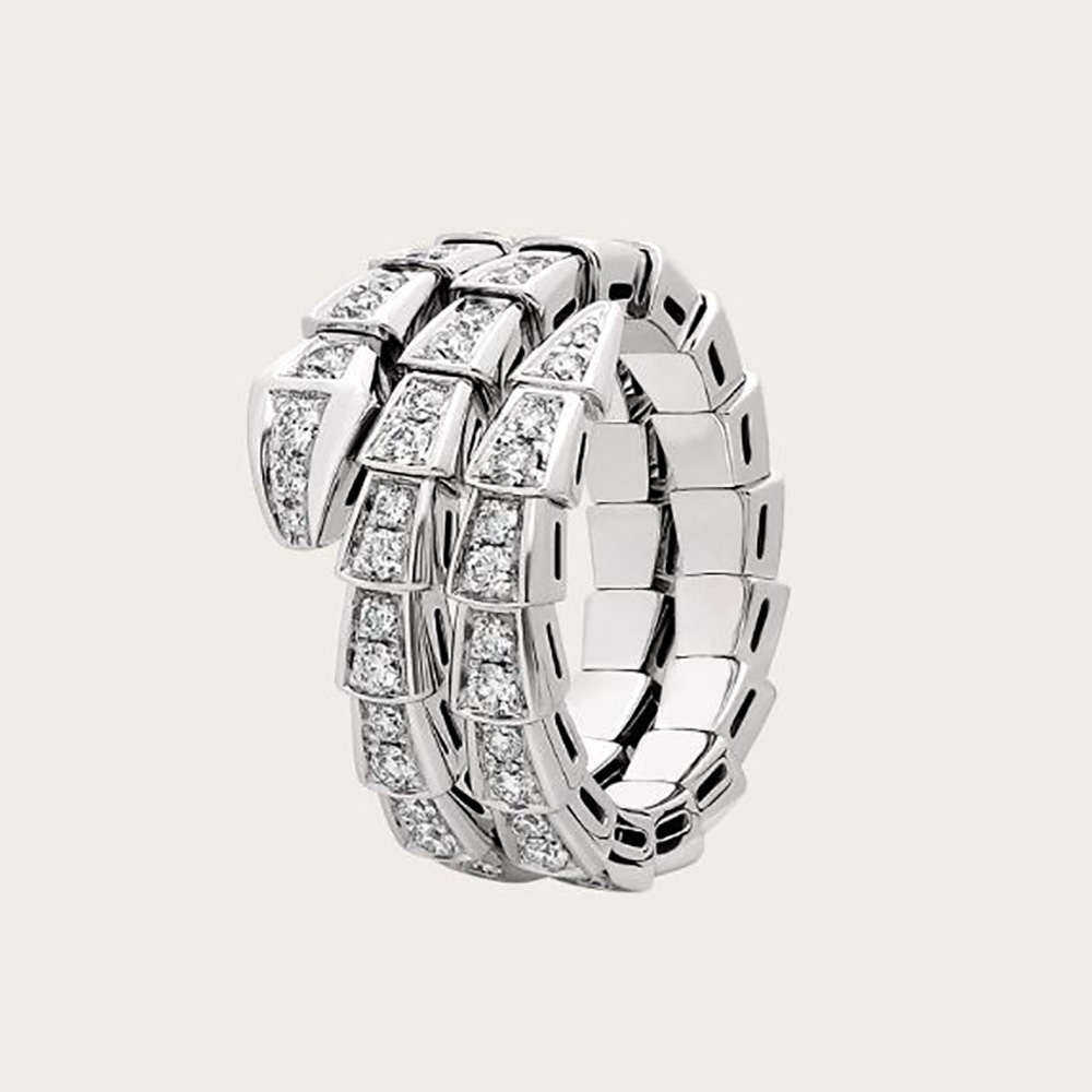 Close-up of Bvlgari Women Serpenti Viper Two-coil 18 KT White Gold Ring