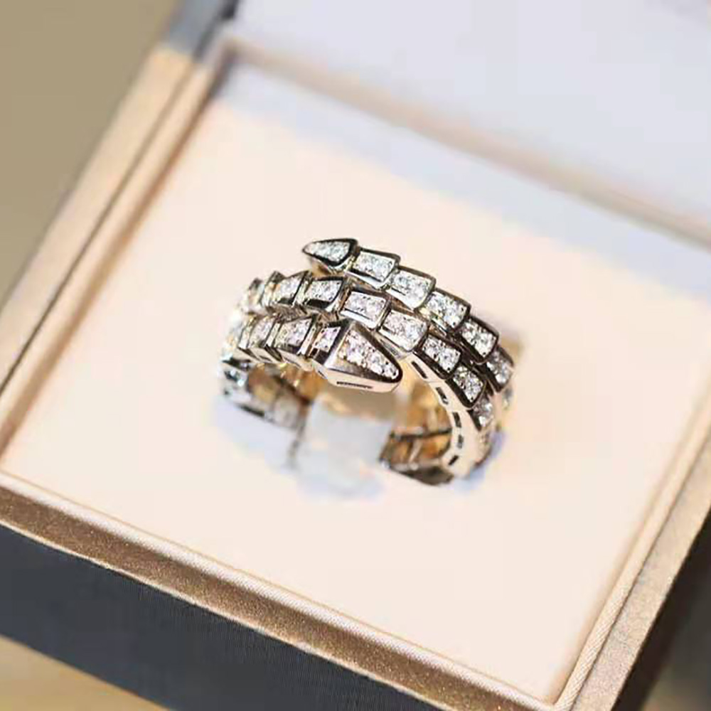 Side angle showing two-coil silhouette of Bvlgari Women Serpenti Viper ring