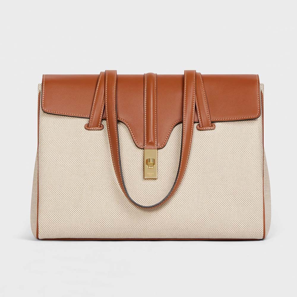 Front view of Celine Women Medium Soft 16 Bag in brown calfskin and textile